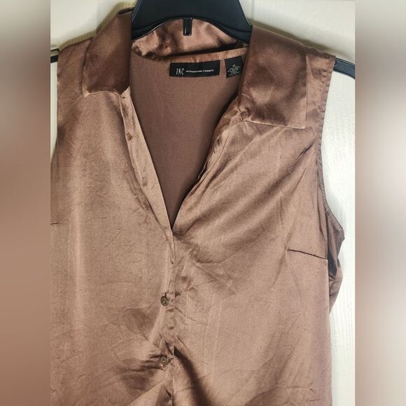 International Concepts 12 Chocolate  SILKBlend Slvless VneckButtonsUp WomenShirt - Picture 5 of 7